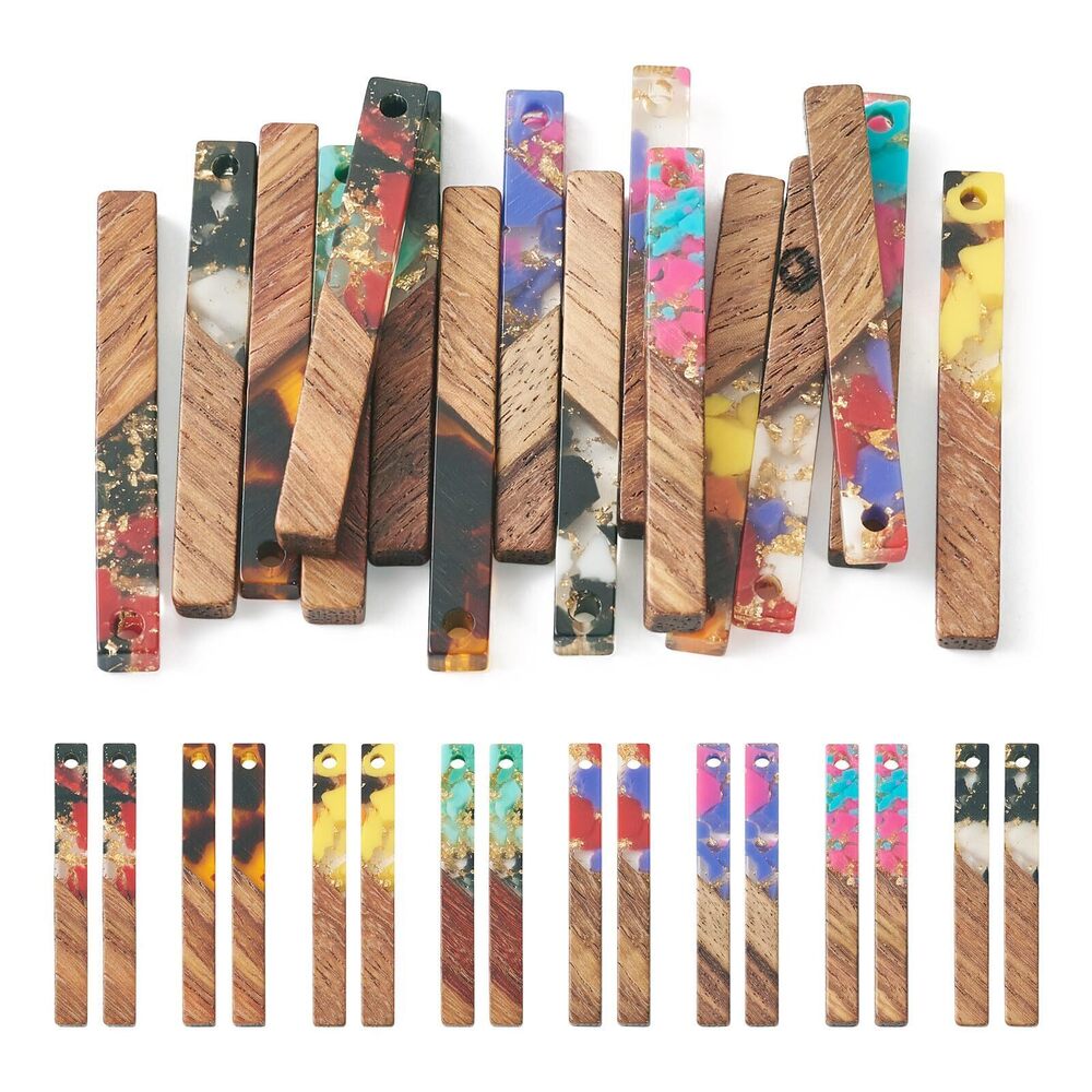 4699 16Pcs Resin Wood Rectangle Charms with Gold Foil Long Bar Wood Earring